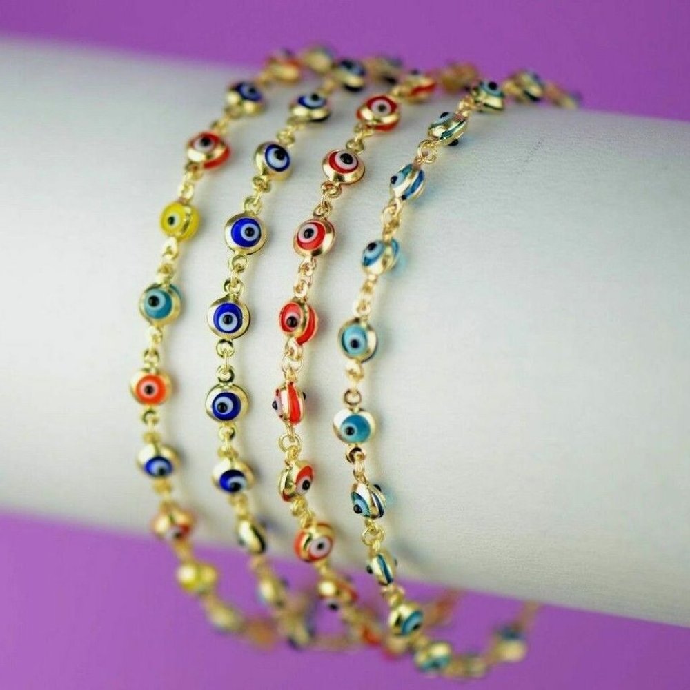 Solid 14k Yellow Gold Evil Eye 6" Bracelets - image 2